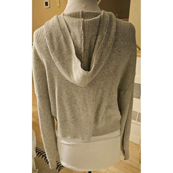 Women's Cropped Soft Ribbed Hoodie Long Sleeve Hooded Sweater Light Grey Size L - Picture 3 of 6